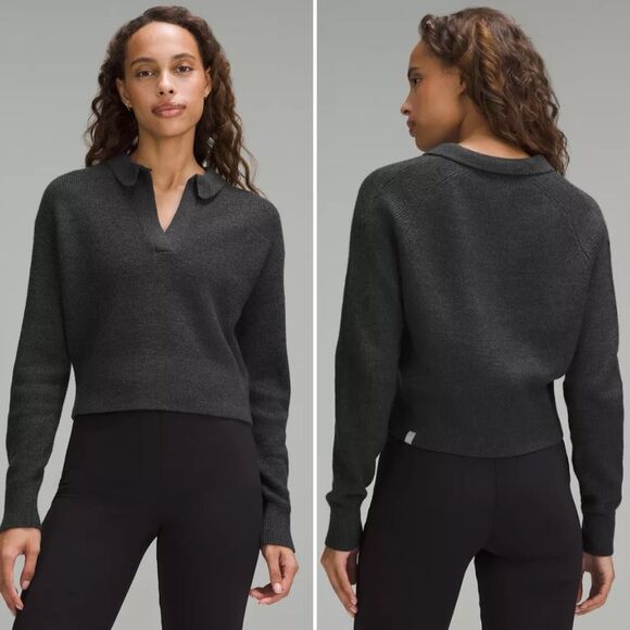 Lululemon Collared Merino Wool-Blend Sweater in Heathered Black Size M - Picture 1 of 8